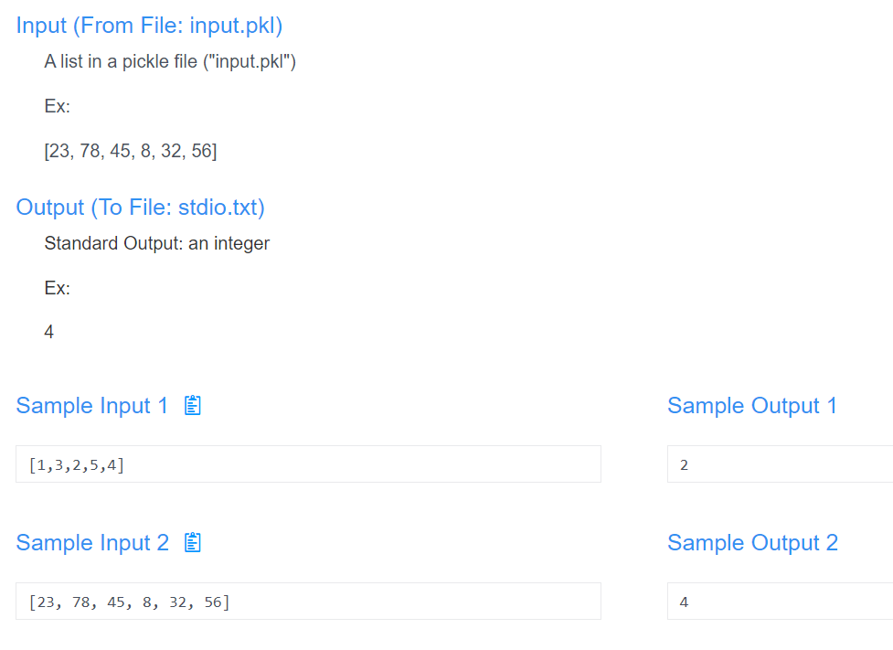 a list of integers encoded in a pickle file ("input.pkl"). Write a