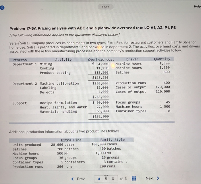  Saved Help Problem 17-5A Pricing analysis with ABC and a plantwide