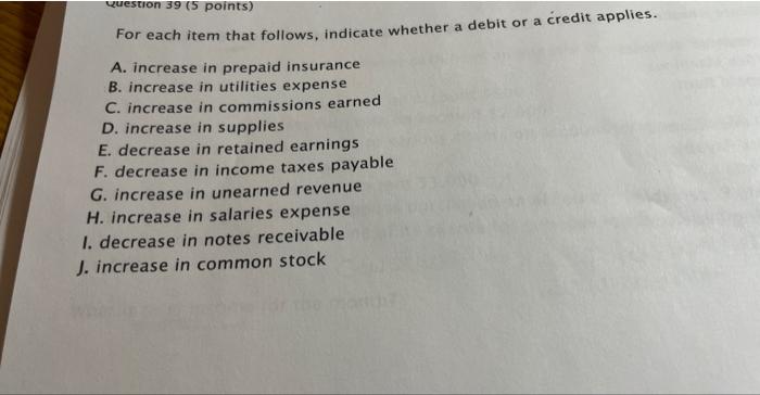  For each item that follows, indicate whether a debit or a