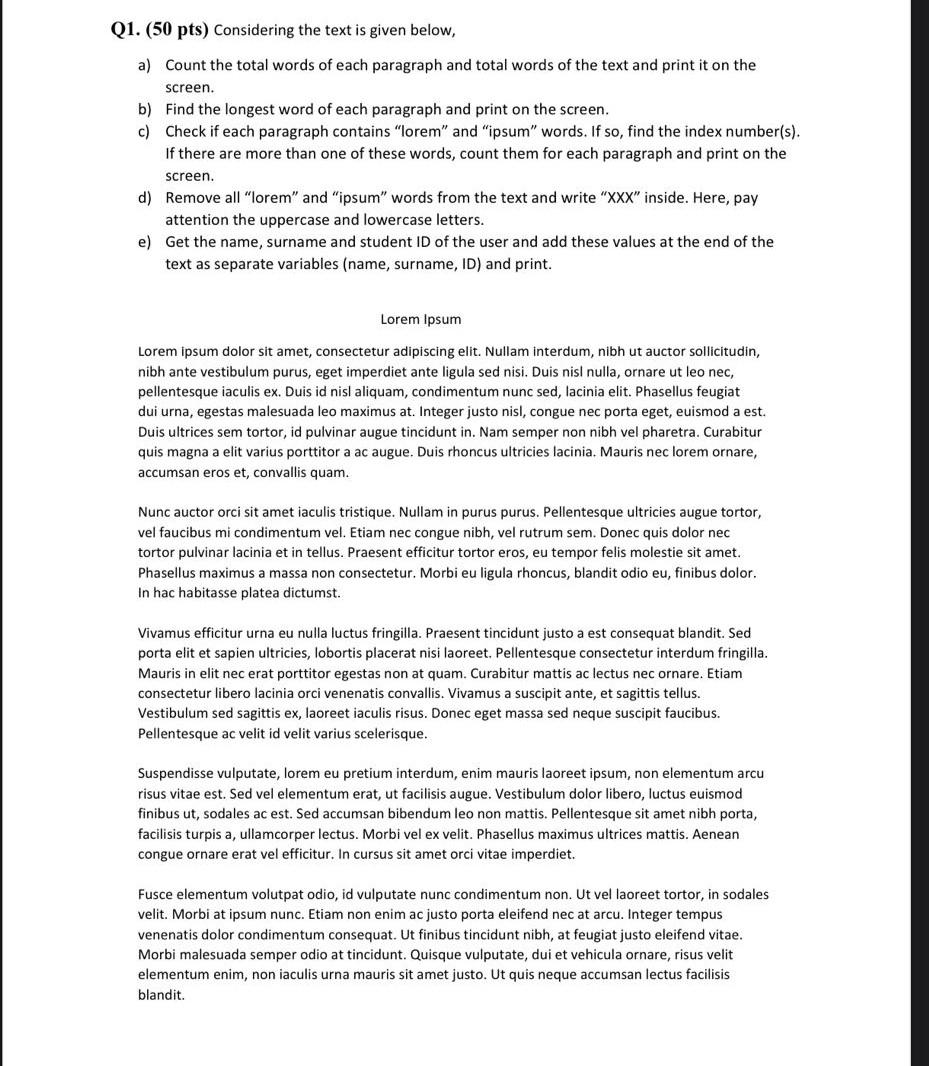  write a cod phyton Q1. (50 pts) Considering the text is