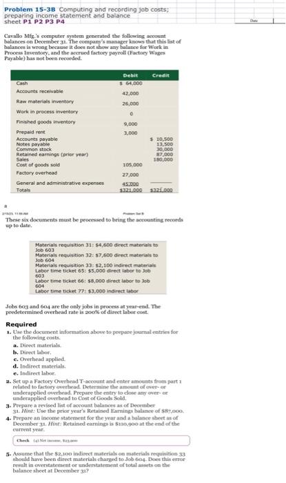 balance sheet P1 P2 P3 P4 Cavallo Mfg.'s computer system generated the