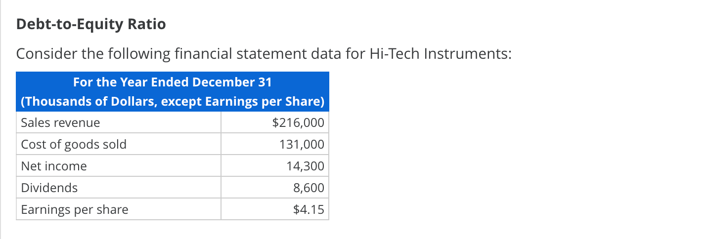  Debt-to-Equity Ratio Consider the following financial statement data for Hi-Tech Instruments: