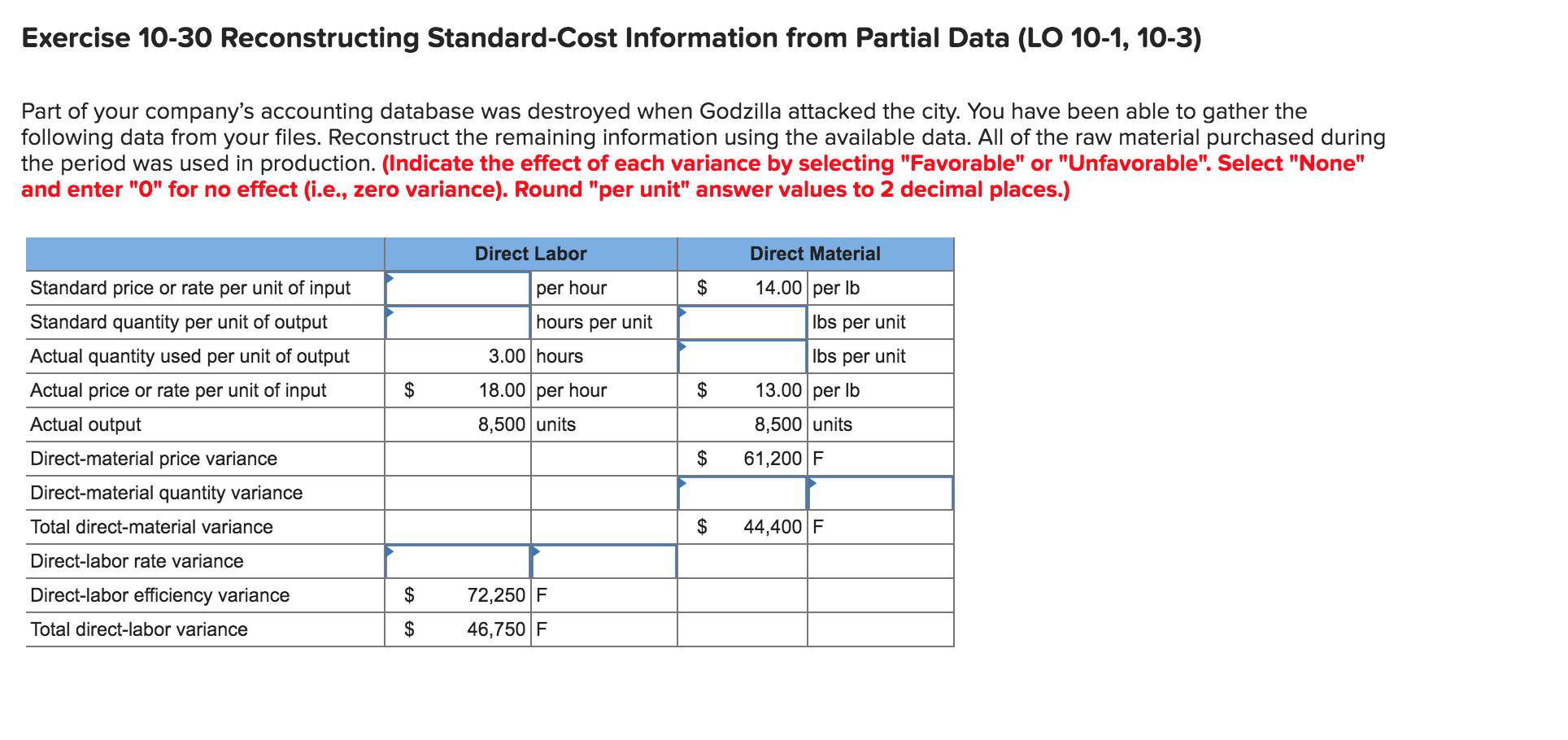  Exercise 10-30 Reconstructing Standard-Cost Information from Partial Data (LO 10-1, 10-3)