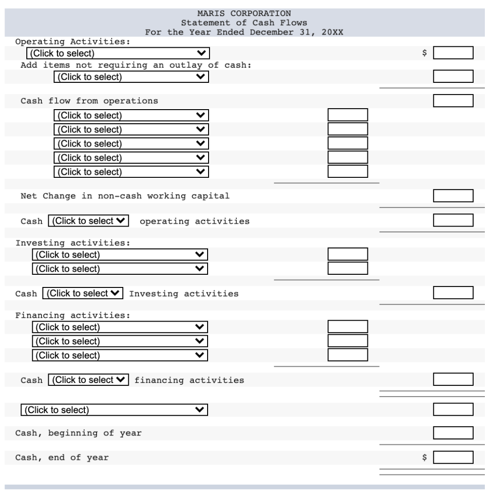 and Comparative Balance Sheets for 20XW and 20XX of Maris Corporation: Maris