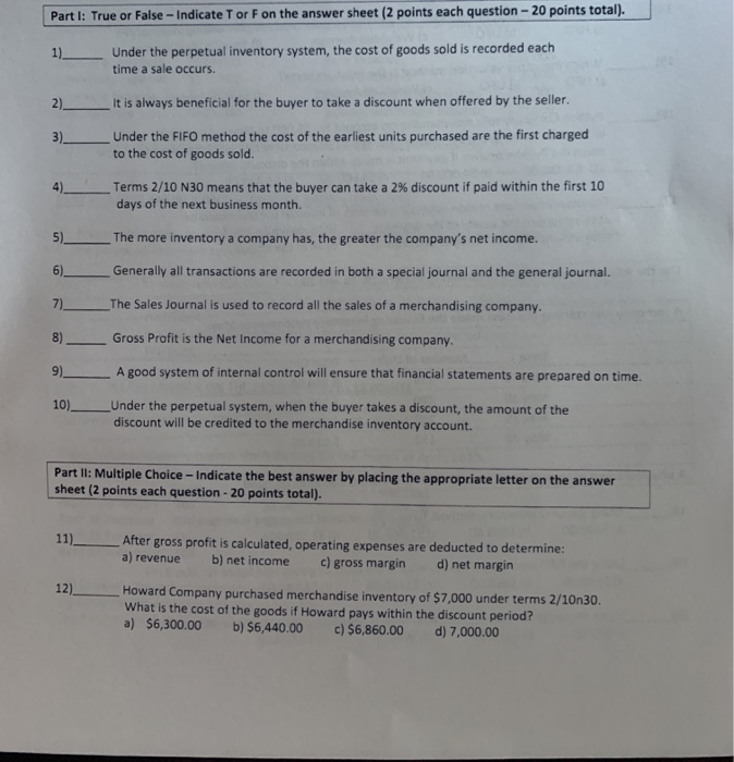  Part 1: True or False - Indicate Tor Fon the answer