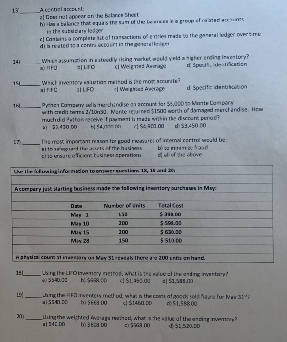 sheet (2 points each question - 20 points total). 1) Under the