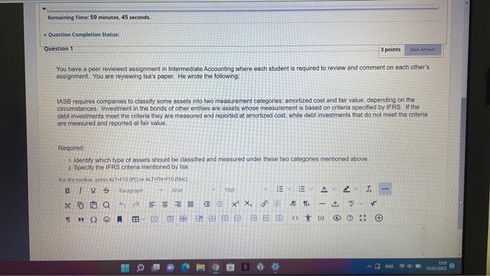 Remaining Time: 59 minutes 45 seconds. Question Completion Status: Question 1