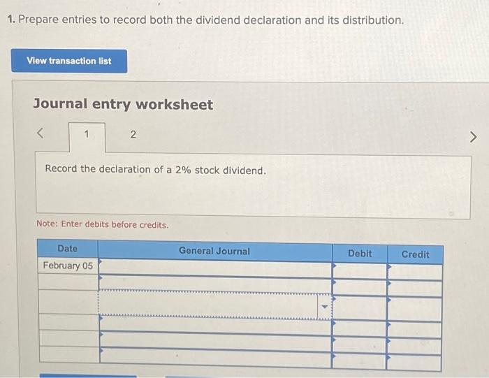 Record the declaration of a 2% stock dividend. 2. Record the distribution