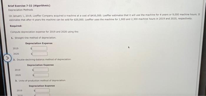  Brief Exercise 7-32 (Algorithmic) Depreciation Methods On January 1, 2019, Loeffler
