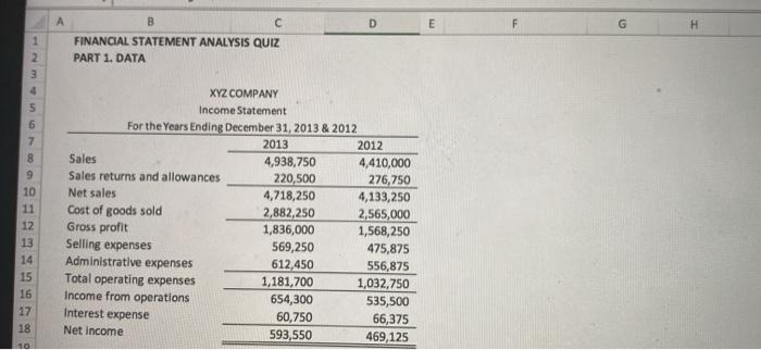  D E F G H B FINANCIAL STATEMENT ANALYSIS QUIZ PART