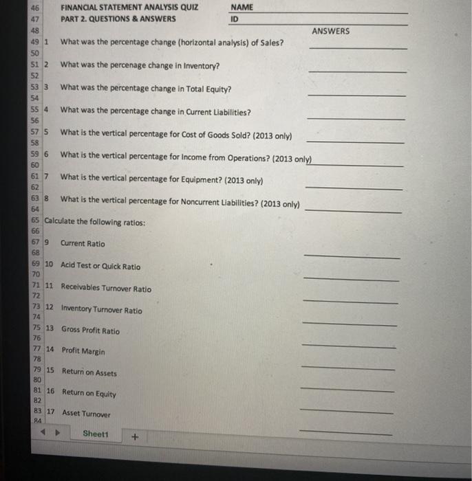 14 15 16 17 18 XYZ COMPANY Income Statement For the Years