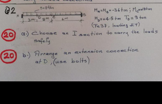  A D lu 3m 3m om Q2 9=3t/m MA = M