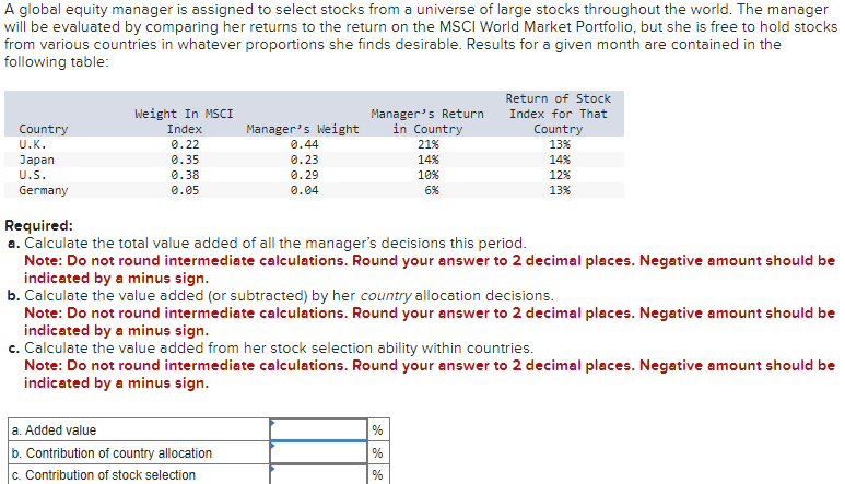  A global equity manager is assigned to select stocks from a