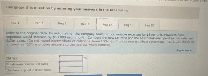 won Required: 1 Compute the company's CM ratio and its break-even point
