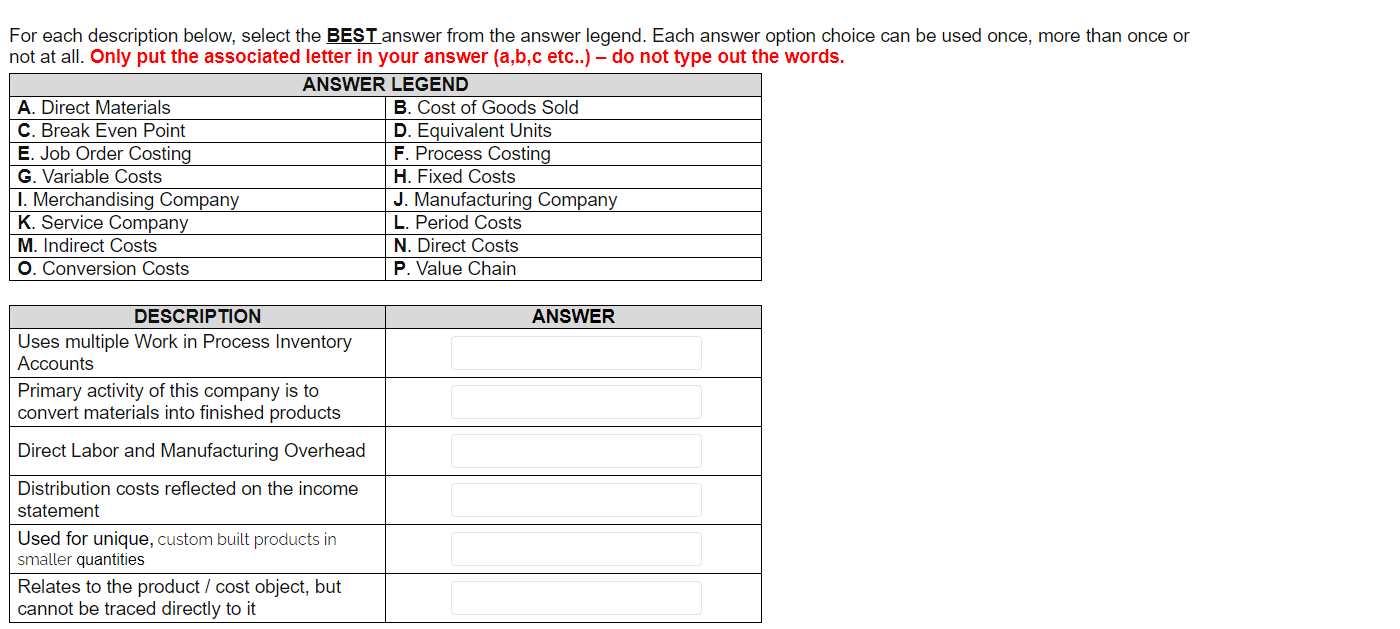 can you please help solve this? For each description below, select the
