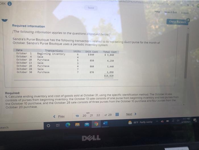 my w October Sandra's Purse Boutique uses a periodic Inventory system Unit