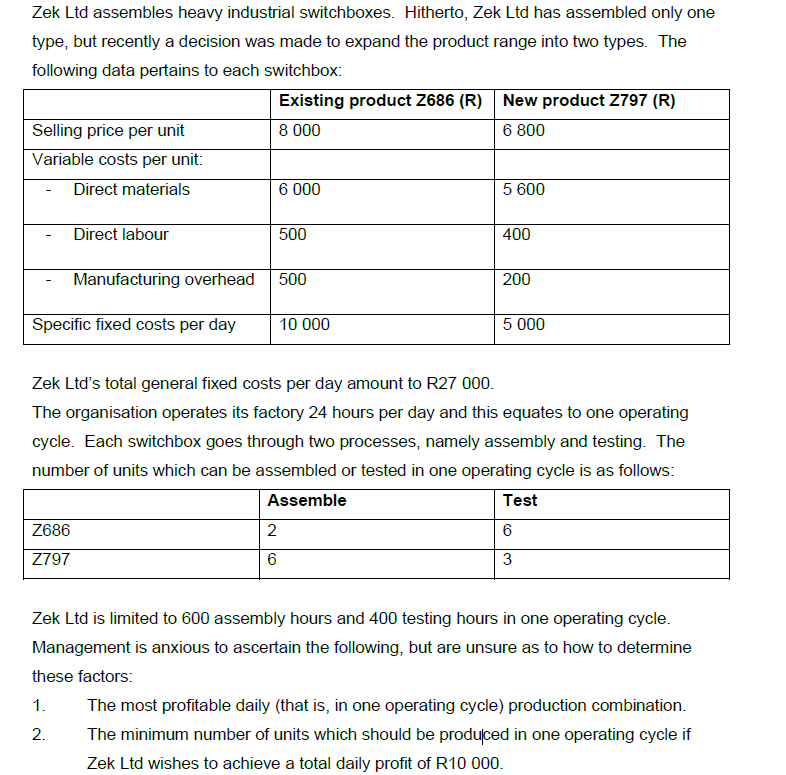 1.3 Determine, using graphic linear programming, the production combination for Zek Ltd