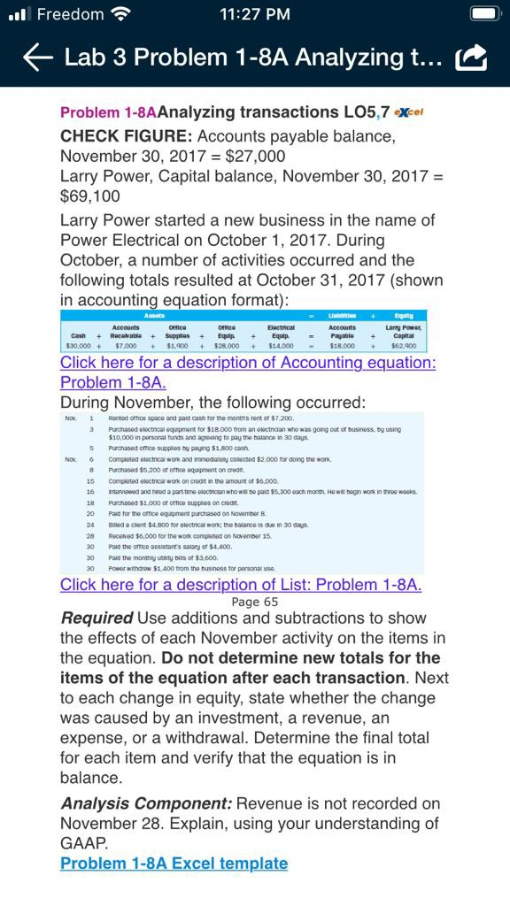 ..l Freedom 11:27 PM Lab 3 Problem 1-8A Analyzing t... Problem