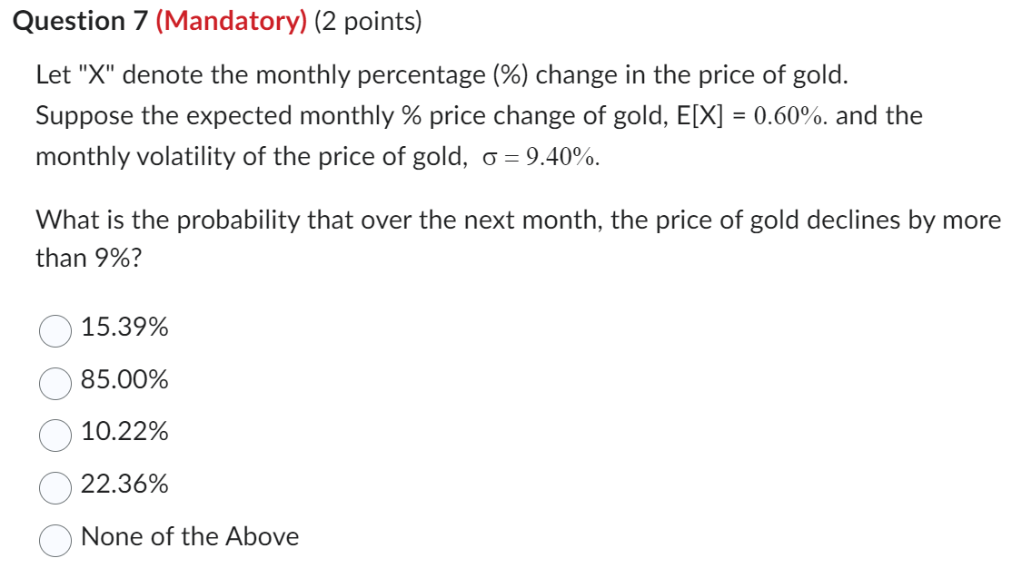 all the question! Excel file Question 5 (Mandatory) (2 points) Value at