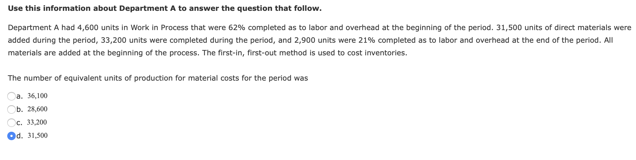  Use this information about Department A to answer the question that