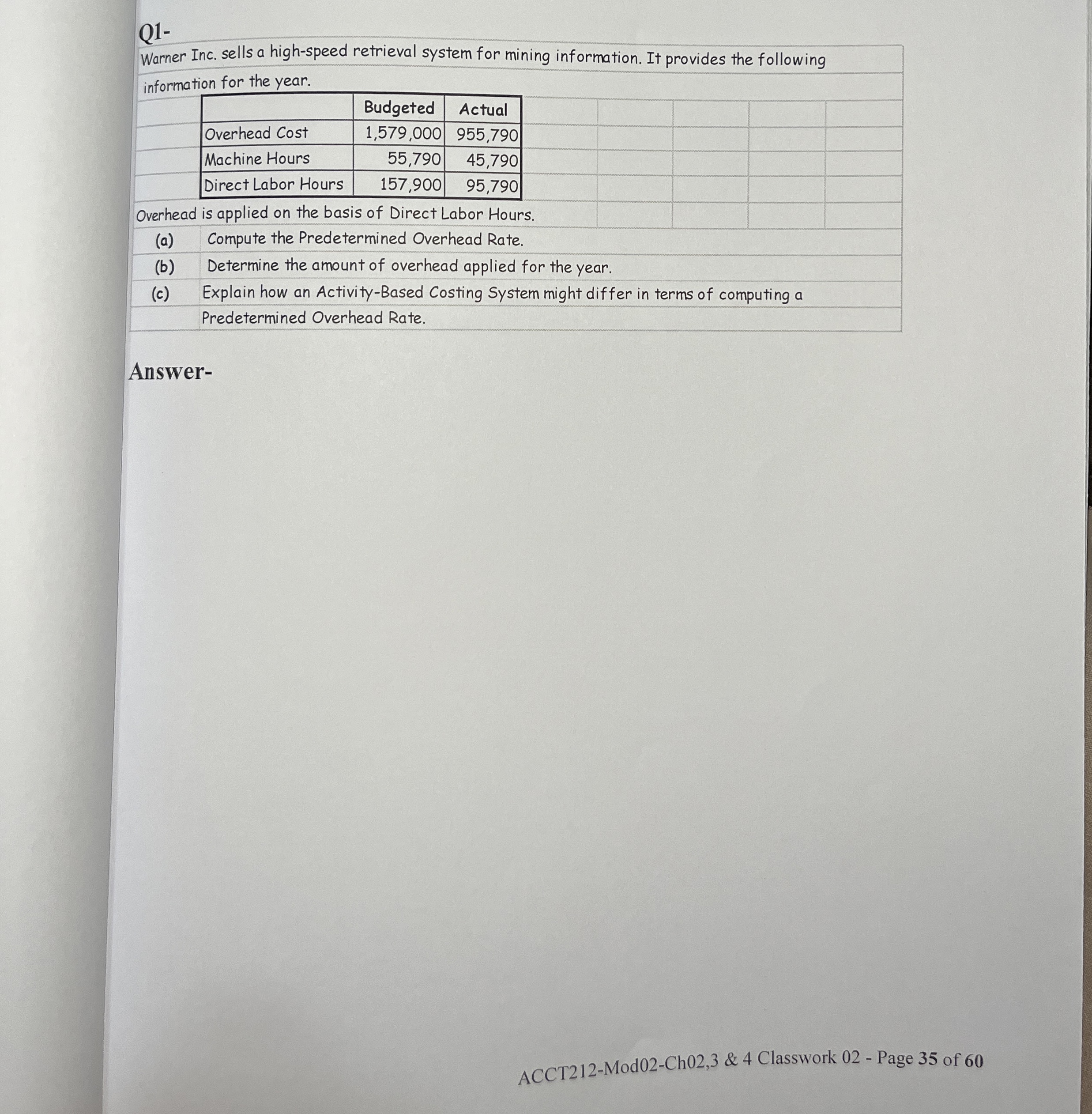  Q1- Warner Inc. sells a high-speed retrieval system for mining information.