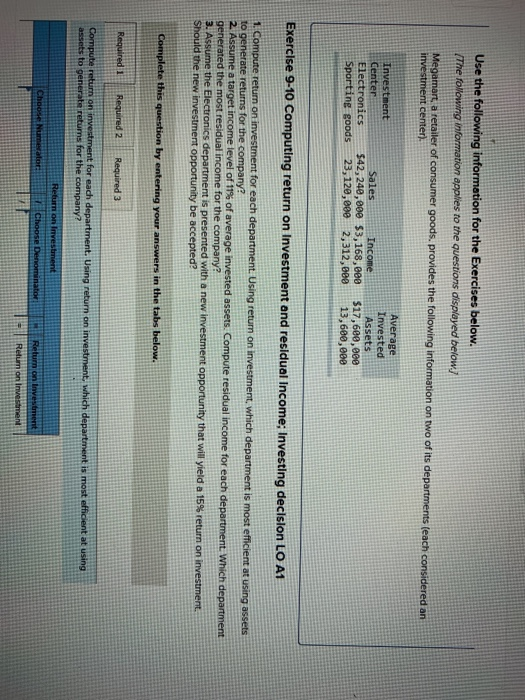  Use the following Invested Assets Exercise 9-10 Computing return on Investment