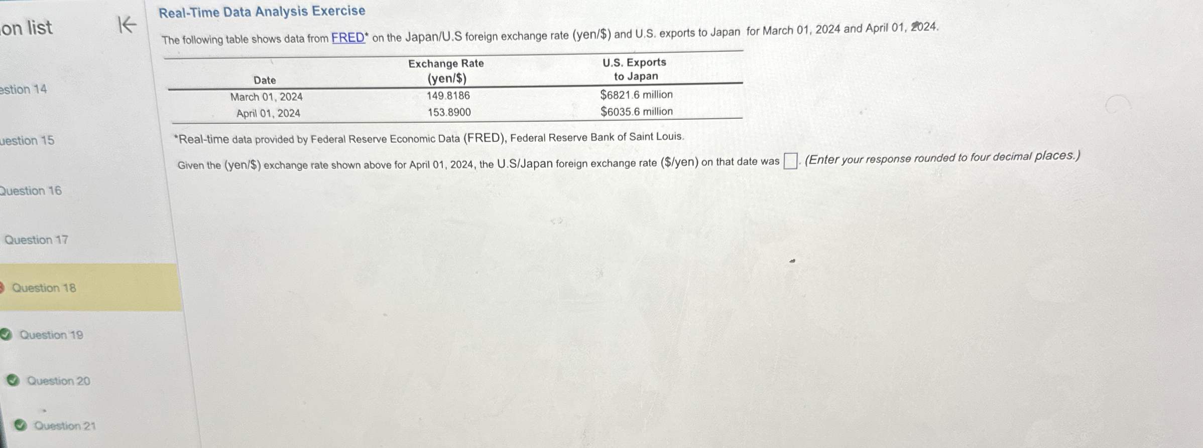  on list Real-Time Data Analysis Exercise The following table shows data
