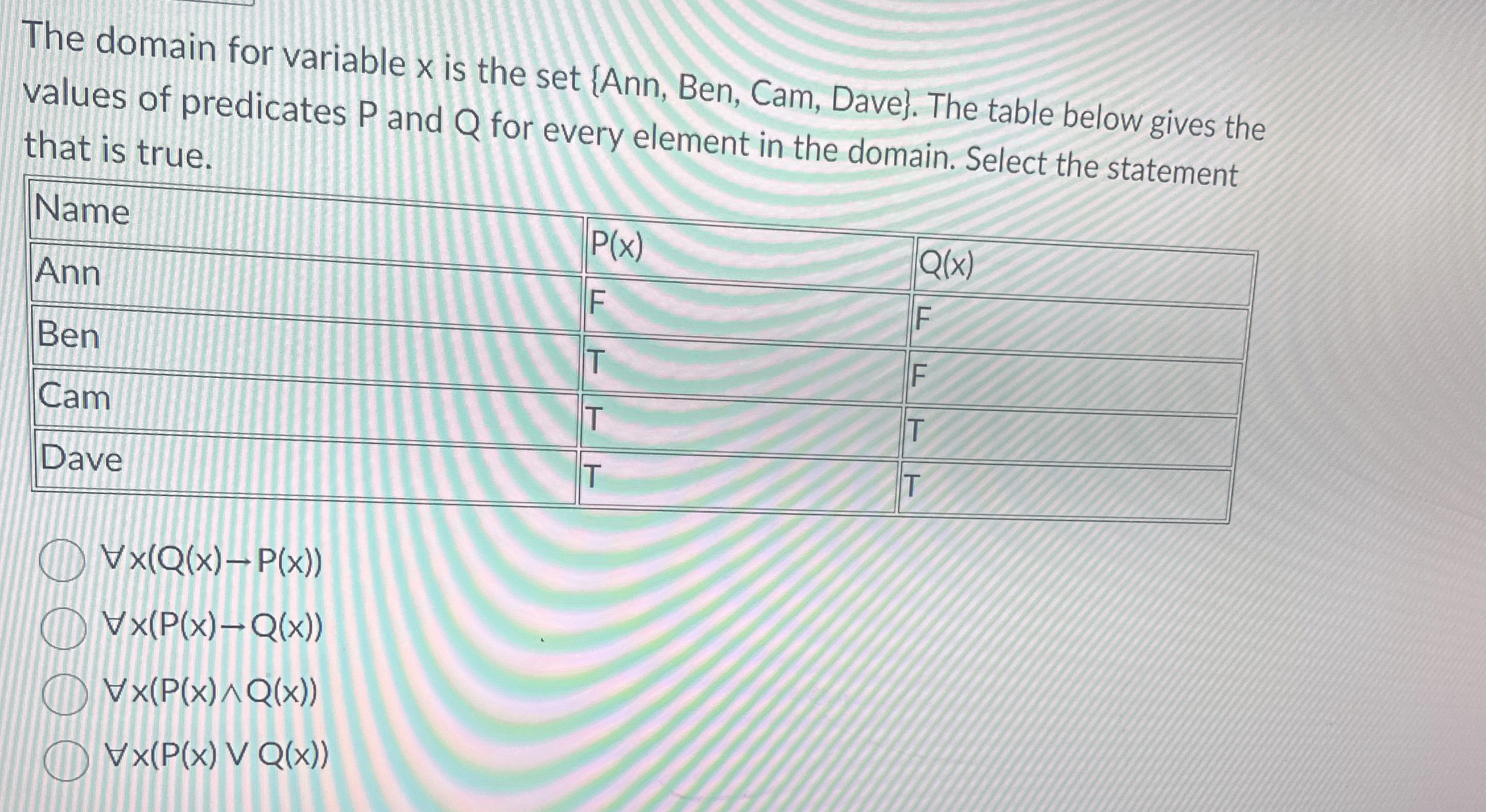  The domain for variable x is the set {Ann, Ben, Cam,