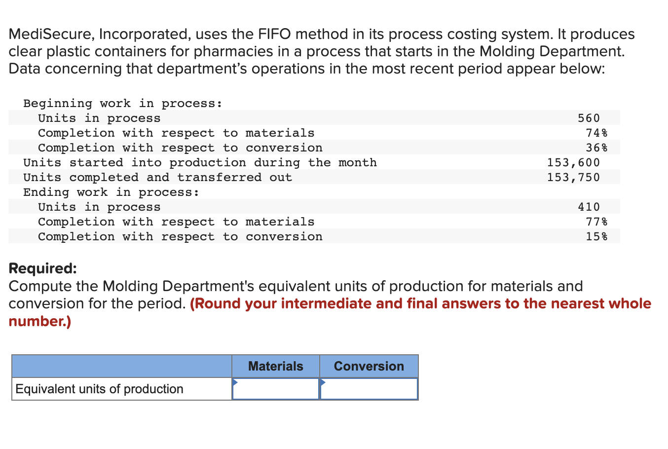 MediSecure, Incorporated, uses the FIFO method in its process costing system.