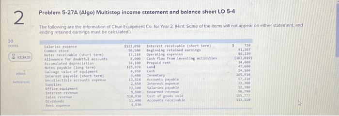  2 30 points 022274 eblook neference Problem 5.27A (Algo) Multistep income