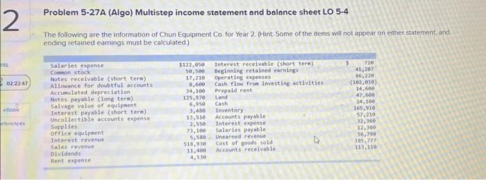 Problem 5-27A (Algo) Multistep income statement and balance sheet LO 5.4 The