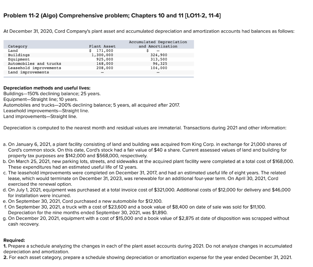  Problem 11-2 (Algo) Comprehensive problem; Chapters 10 and 11 [LO11-2, 11-4)