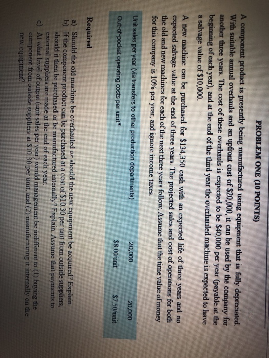  PROBLEM ONE (10 POINTS) A component product is presently being manufactured
