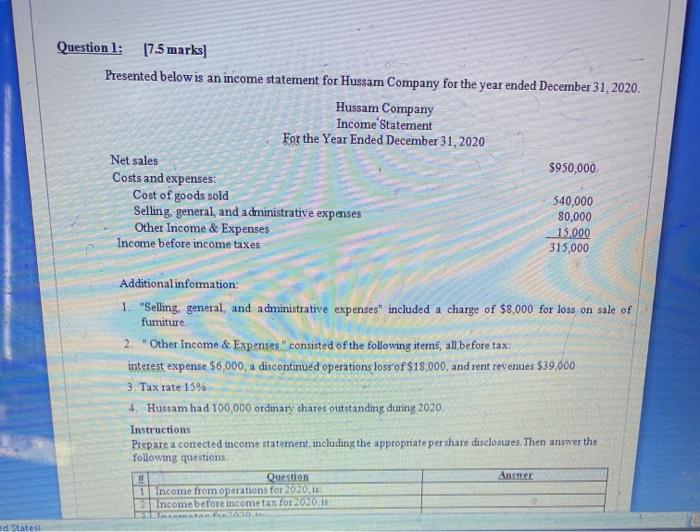  Question 1: 17.5 marks) Presented below is an income statement for