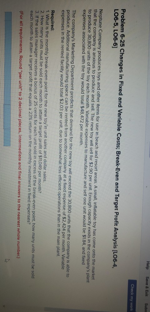  Help Save & Exit Sub Check my work Problem 6-25 Changes