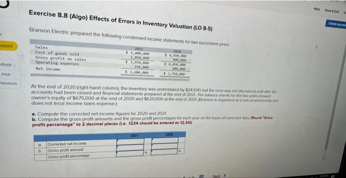  Exercise 8.8 (Algo) Effects of Errors in Inventory Valuation (LO 8.5)