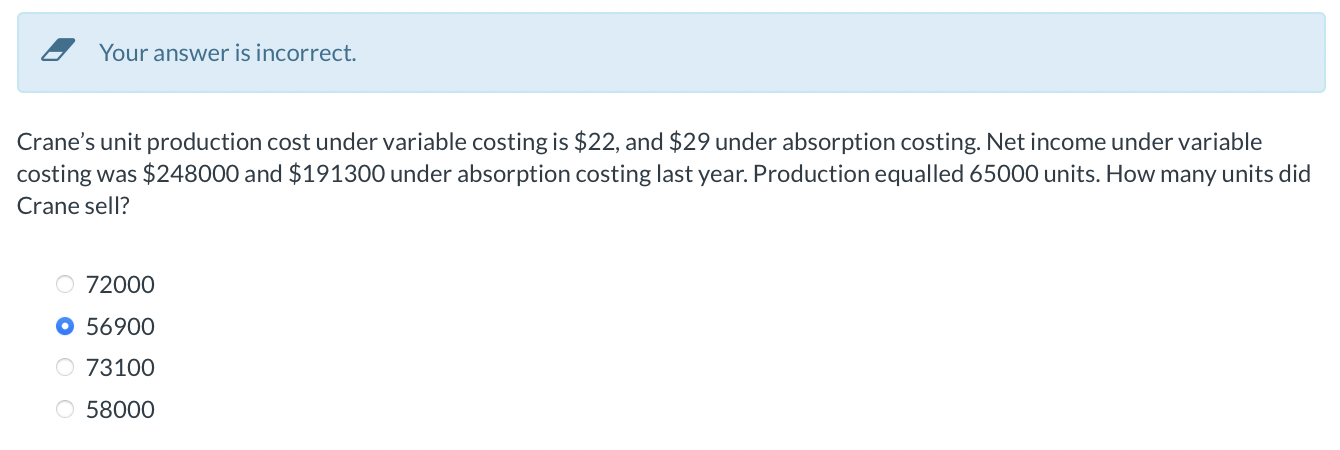Your answer is incorrect. Crane's unit production cost under variable costing