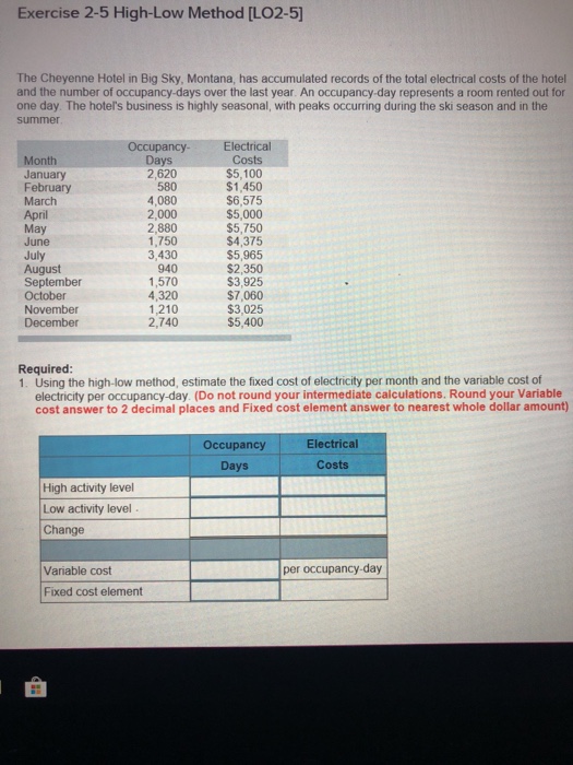  Exercise 2-5 High-Low Method [LO2-5 The Cheyenne Hotel in Big Sky,