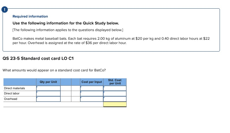 Required information Use the following information for the Quick Study below.
