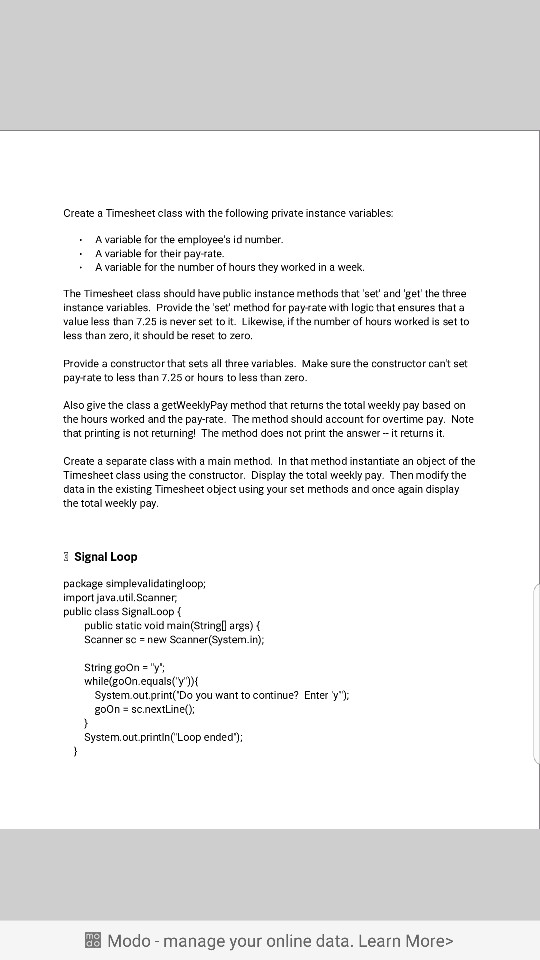  Create a Timesheet class with the following private instance variables .A