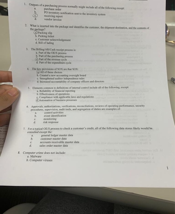  1. Outputs of a purchasing process normally might include all of