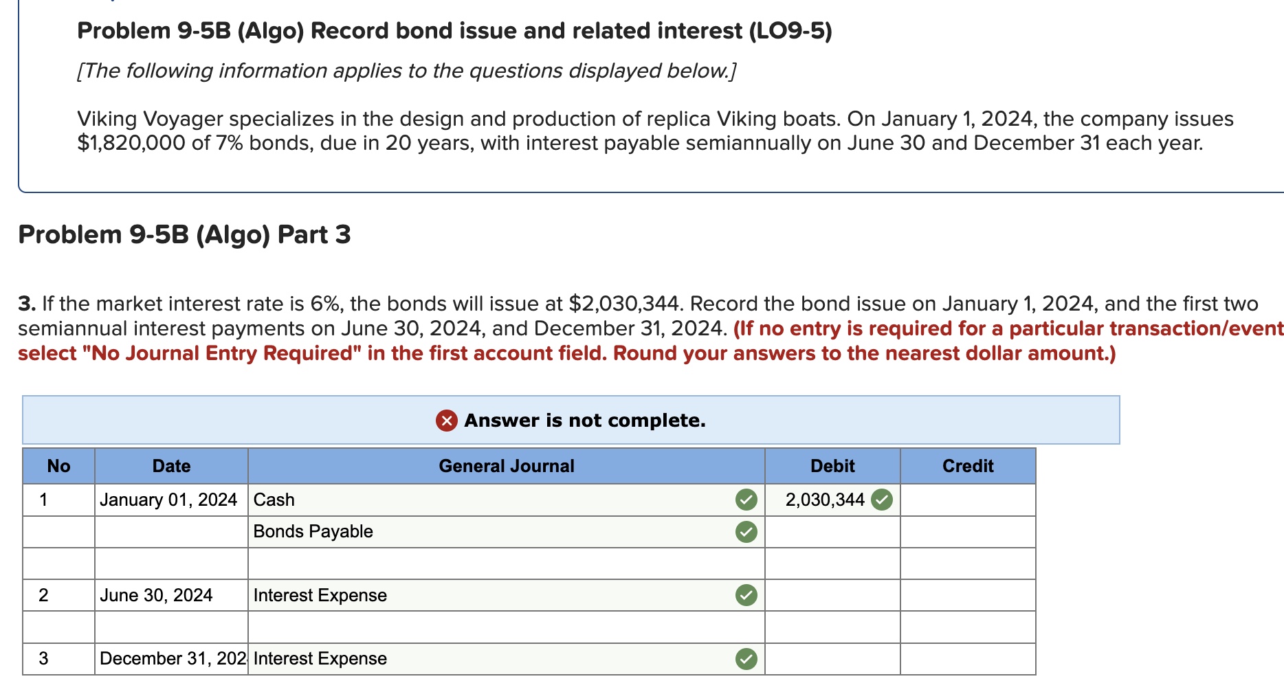  Problem 9-5B (Algo) Record bond issue and related interest (L09-5) [The