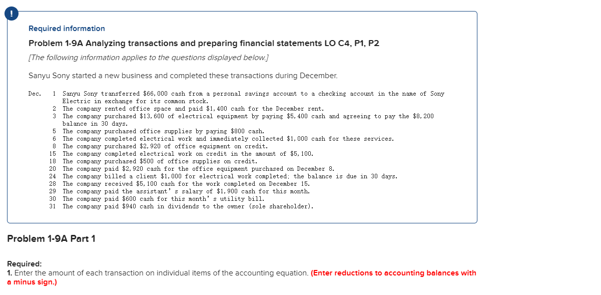 Required information Problem 1-9A Analyzing transactions and preparing financial statements LO