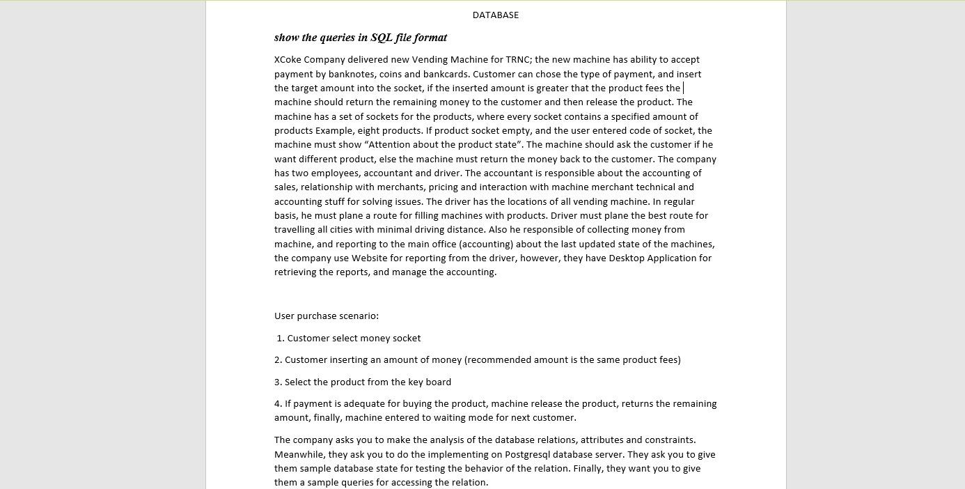 DATABASE show the queries in SQL file format XCoke Company delivered