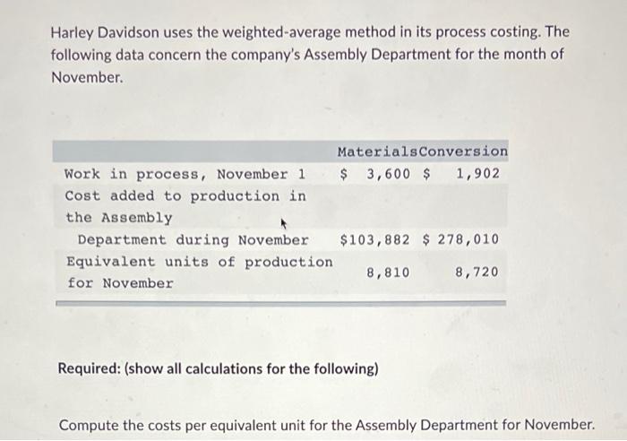  Harley Davidson uses the weighted-average method in its process costing. The