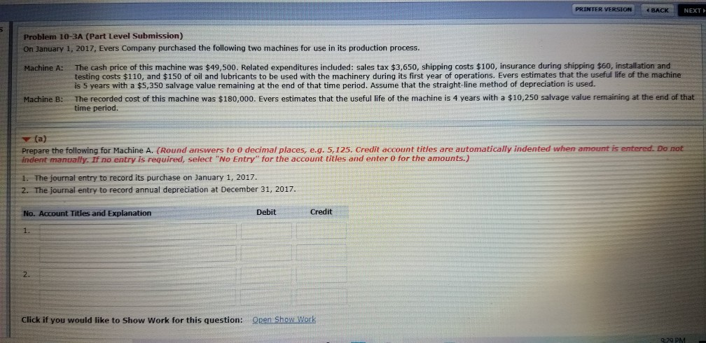  PRINTER VERSION *BACK NEXT Problem 10-3A (Part Level Submission) On January