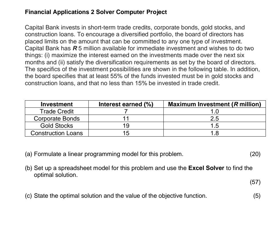  please assist Financial Applications 2 Solver Computer Project Capital Bank invests