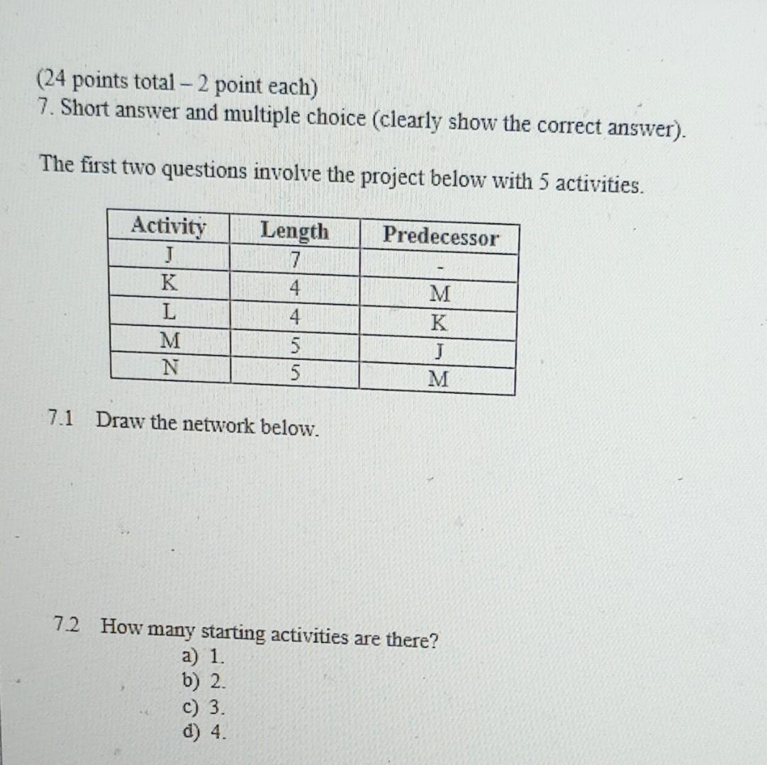 (24 points total -2 point each) 7. Short answer and multiple