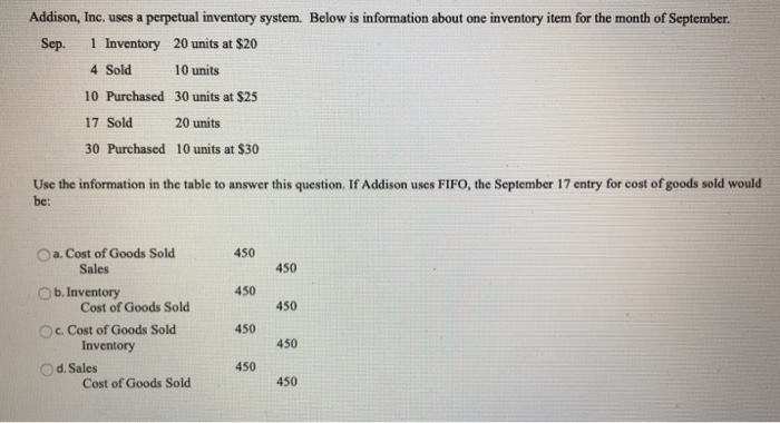  Addison, Inc. uses a perpetual inventory system. Below is information about