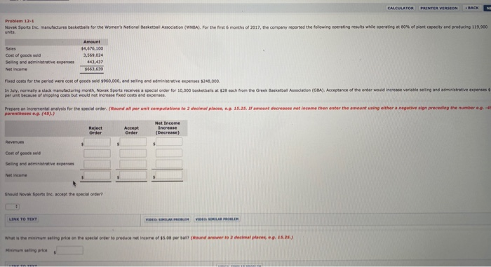  CALCULATOR PRINTER VERSION O N Problem 12-1 Nova Sports Inc. manfactures